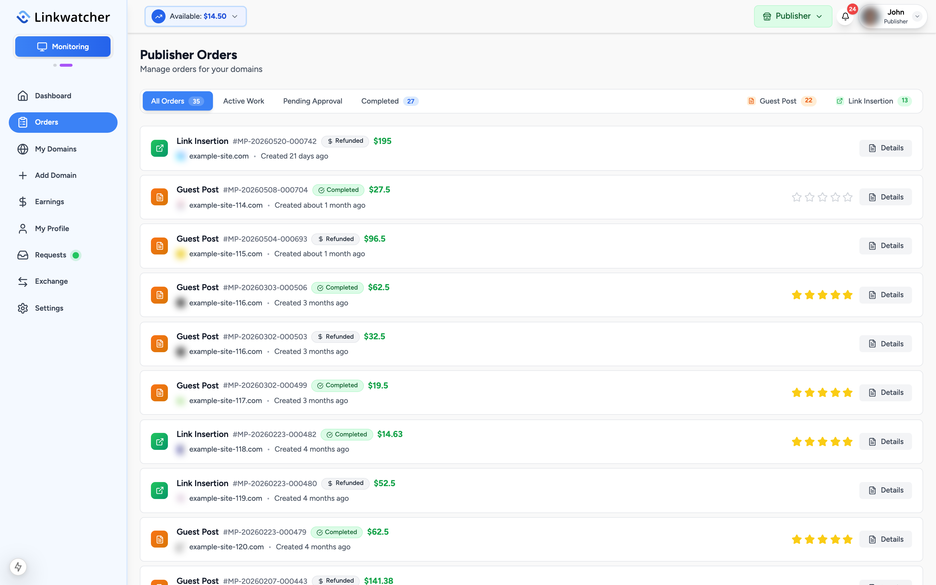 Publisher Orders page with a list of orders showing status badges, earnings, and due dates