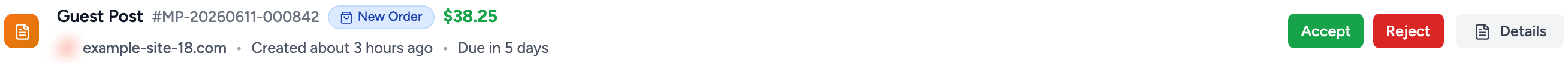 A new order row with the Accept and Reject buttons visible