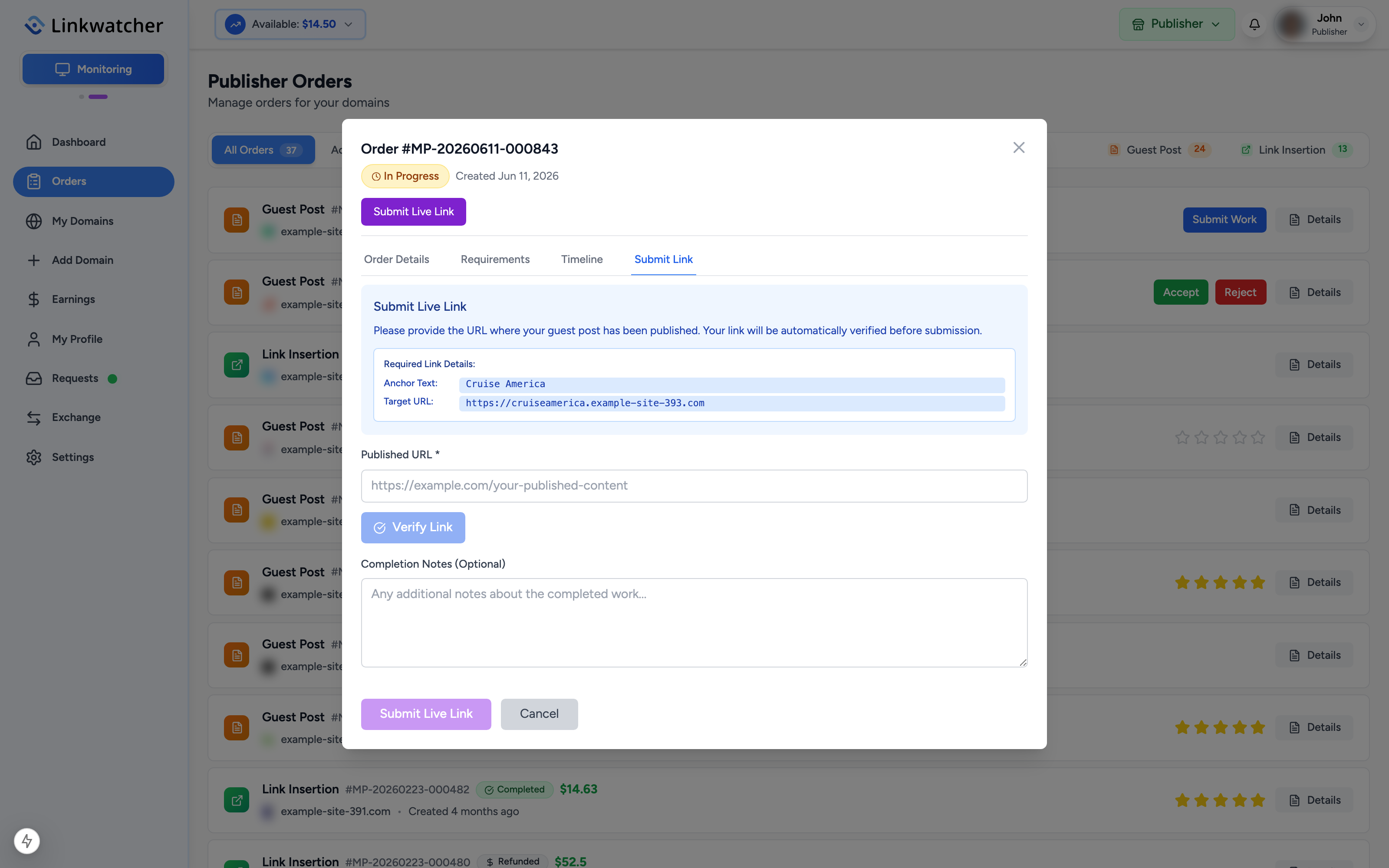 Submit Work dialog with the published URL field and the link verification result