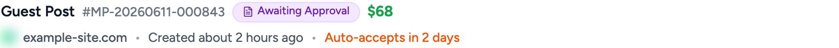 An order in Awaiting Approval status showing the auto-accept countdown