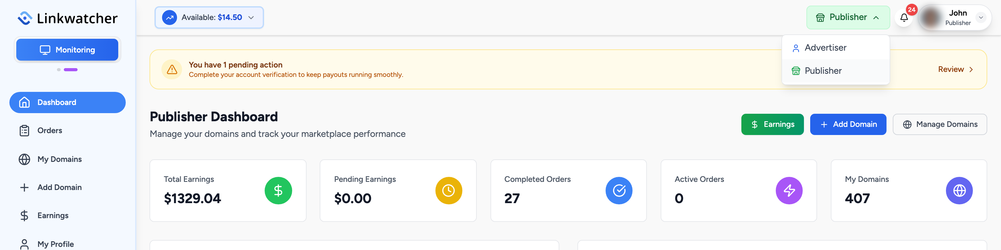 Role switcher dropdown open in the top navigation, showing the Advertiser and Publisher options