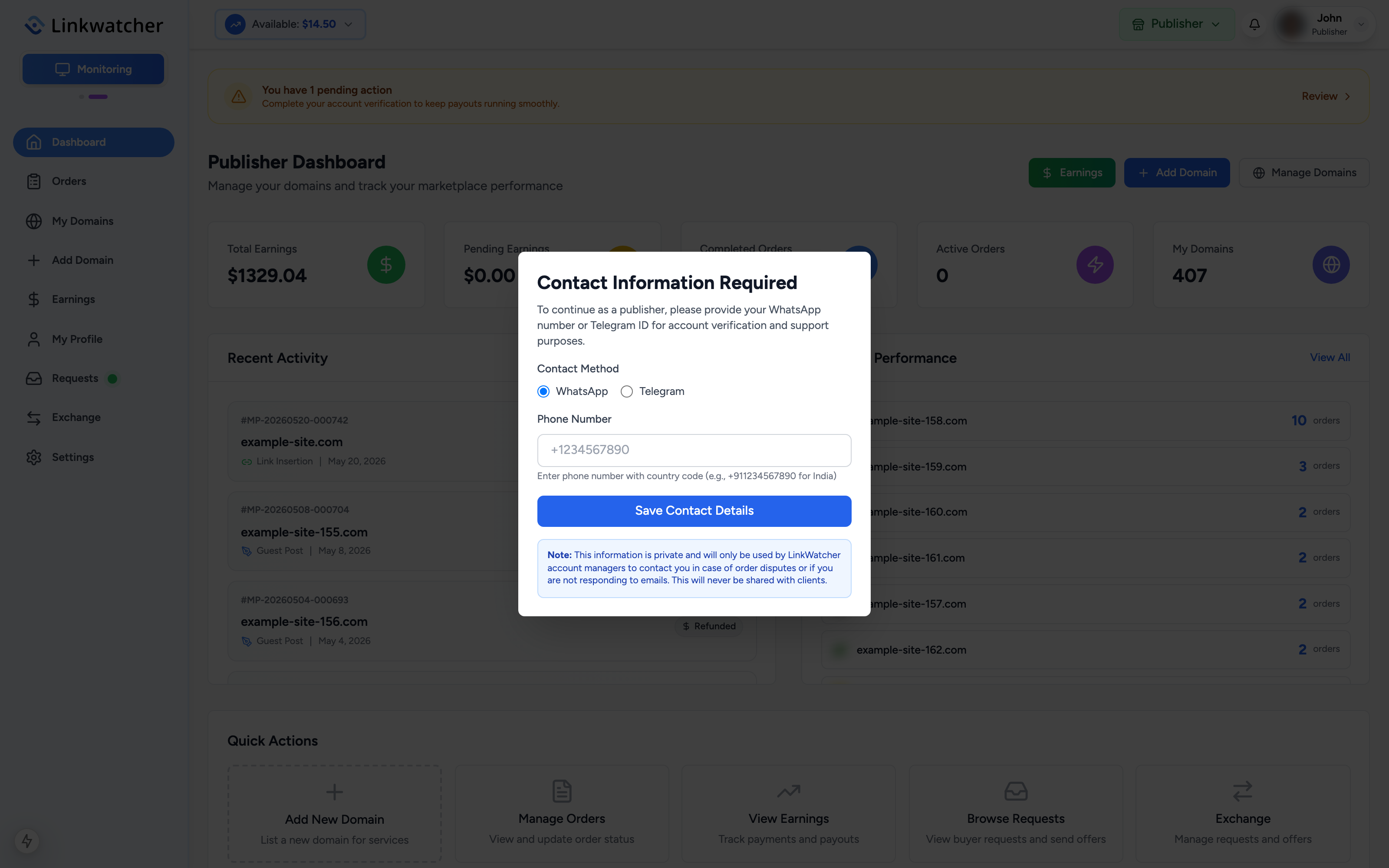 Contact Information Required modal with WhatsApp and Telegram options and a phone number field