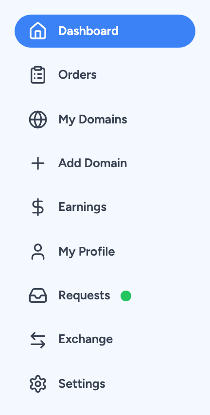 Publisher sidebar showing Dashboard, Orders, My Domains, Add Domain, Earnings, My Profile, Requests, Exchange, and Settings