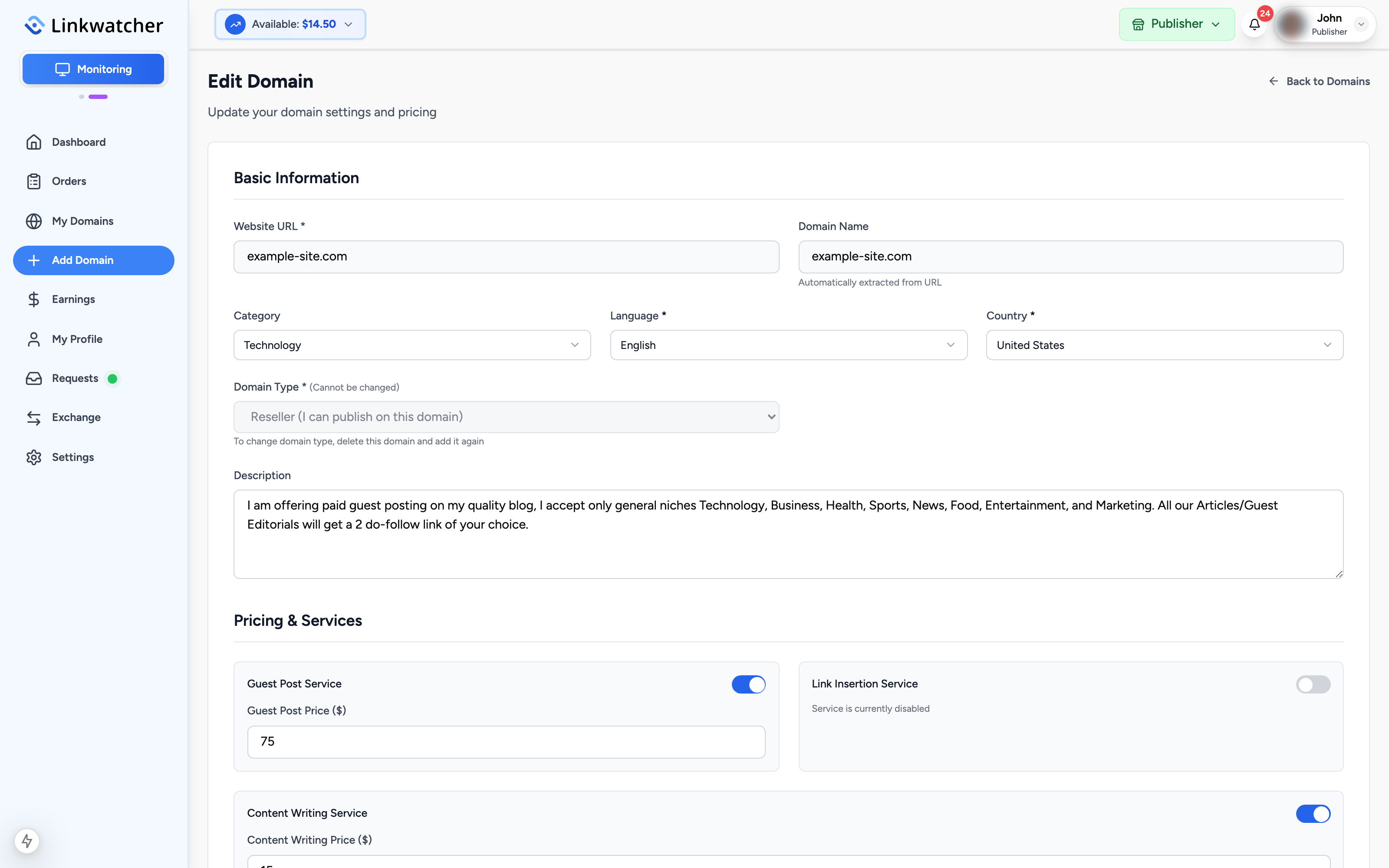 Edit Domain form opened for example.com with the pricing fields visible