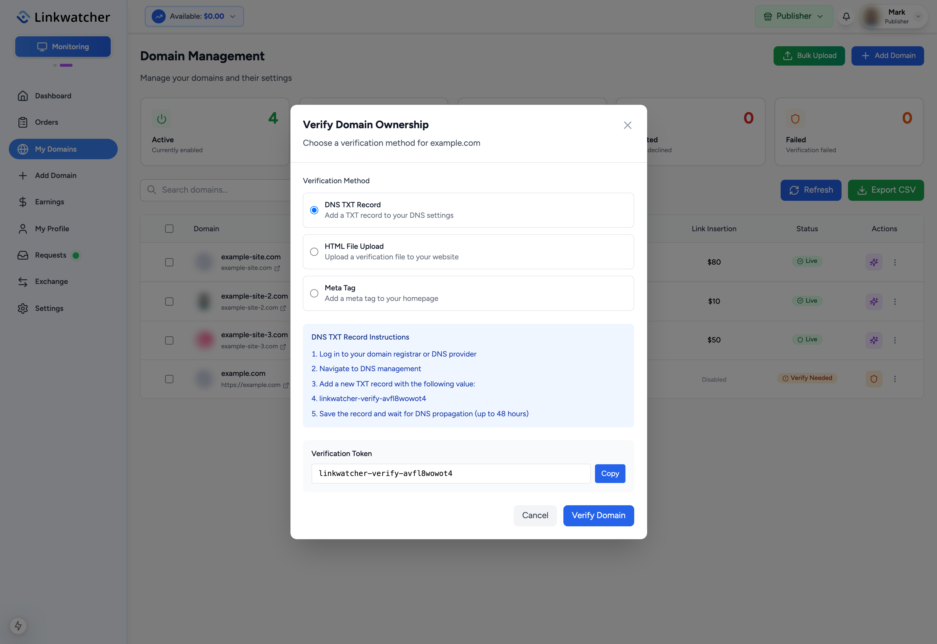 Domain verification dialog with the verification method options and token