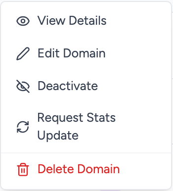 Row action menu open on a domain showing edit, verify, feature, and delete options