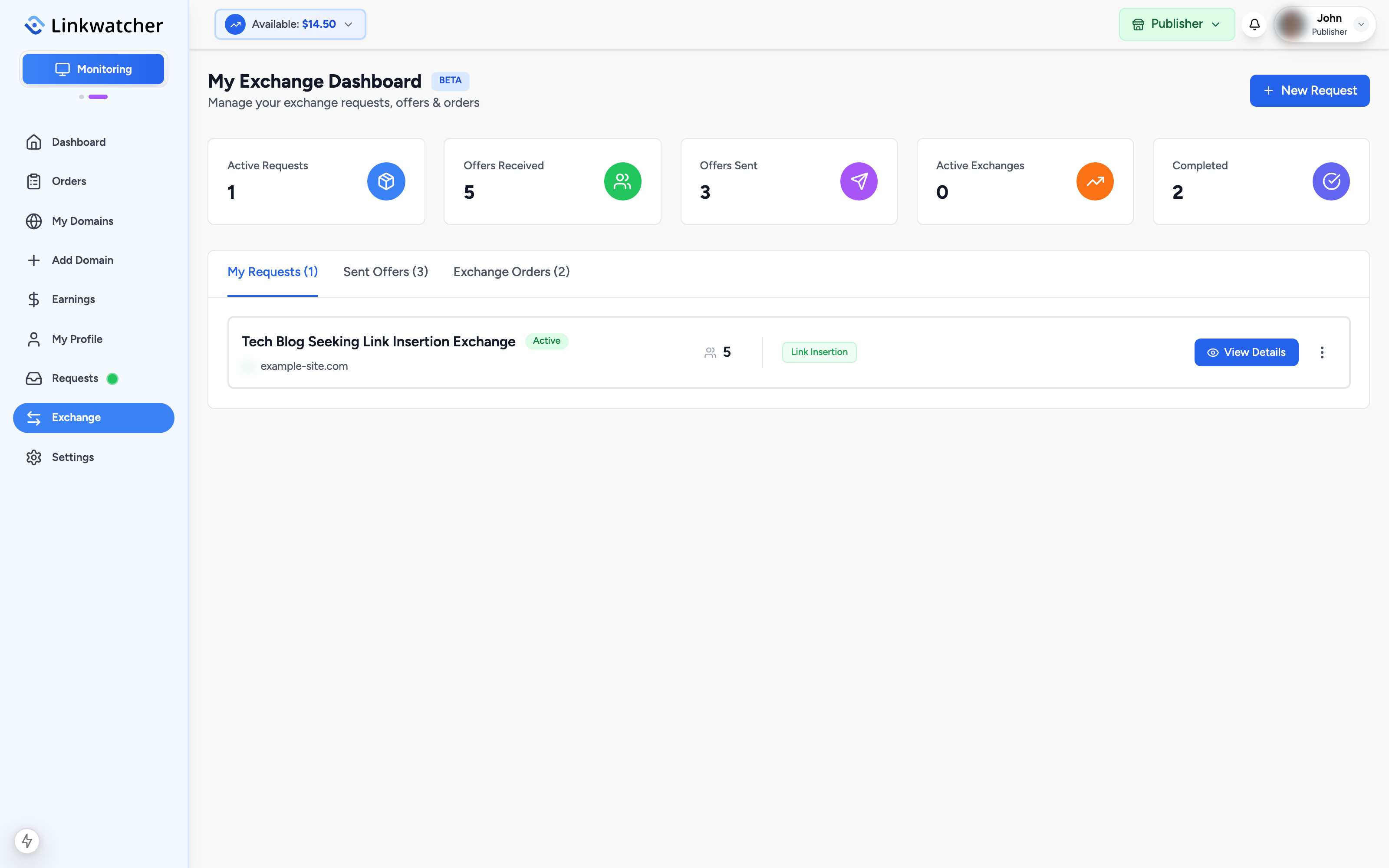 Publisher exchange dashboard with the five stat cards and the three tabs