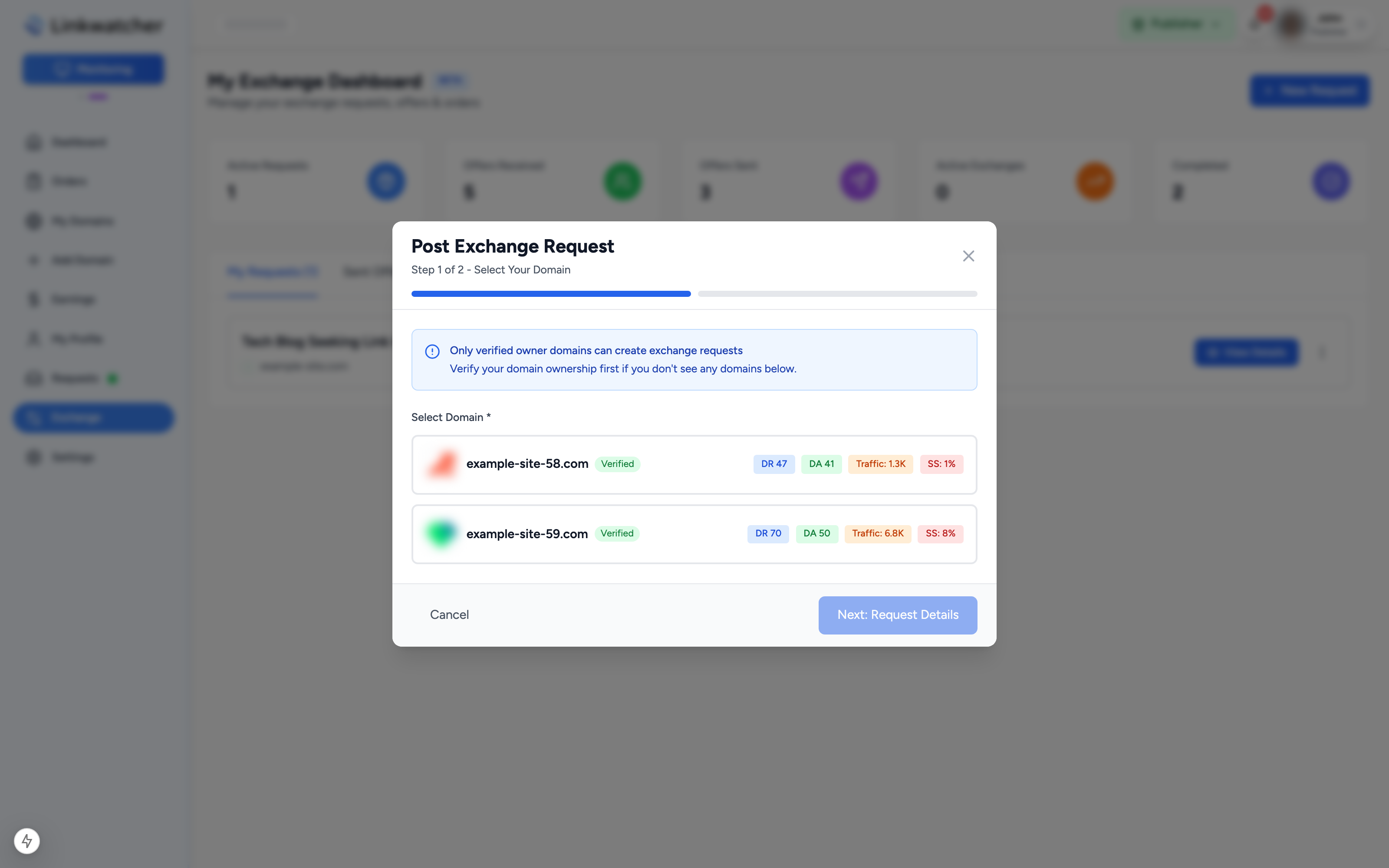 Create exchange request dialog with the domain selector, exchange type, title, and description
