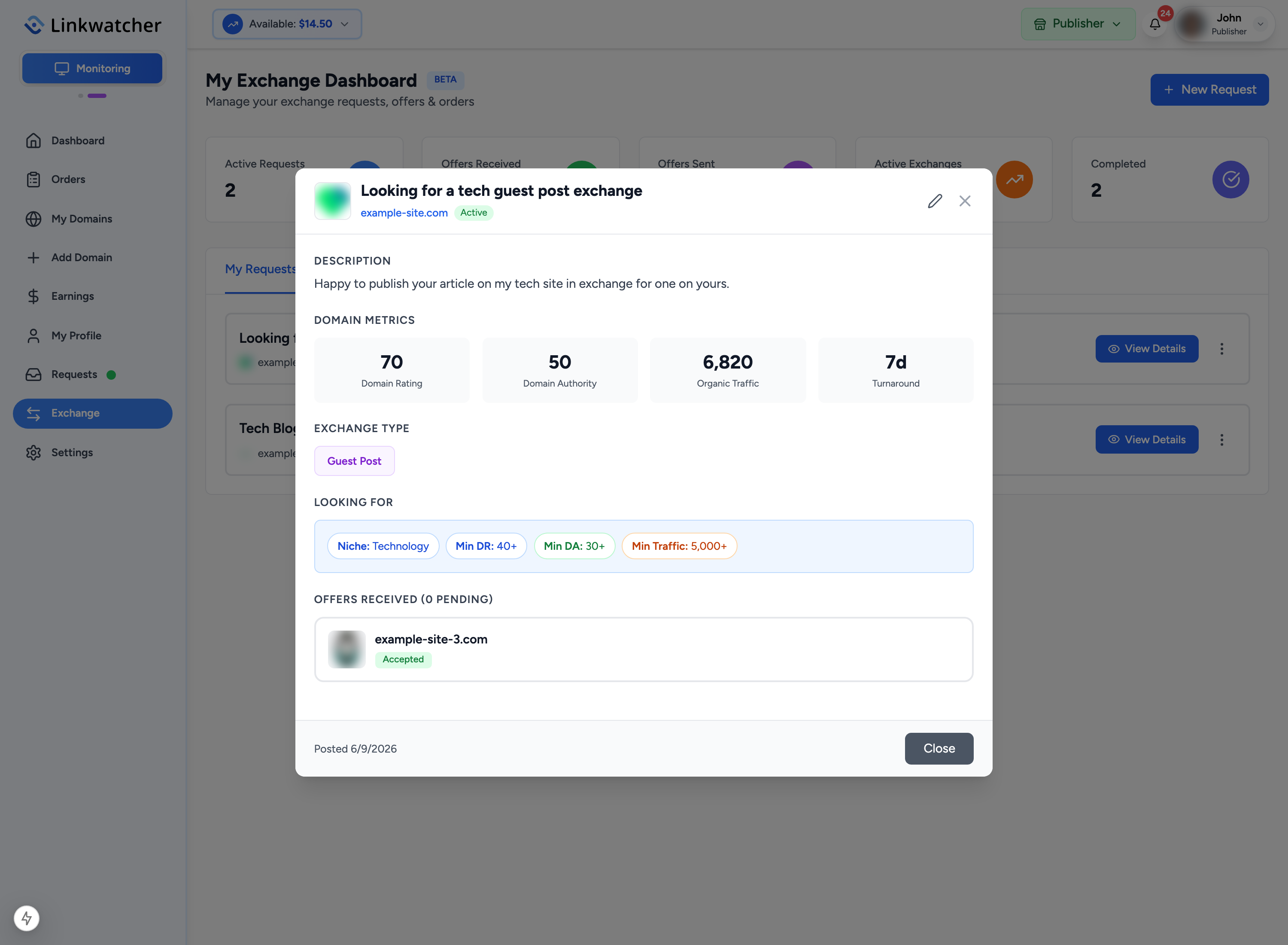 Request details showing received offers with accept and reject buttons